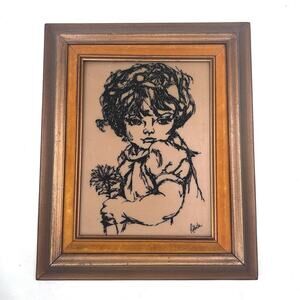 Vintage Unique Engraved Art - Girl With Flower in Wood Frame - by Roberta